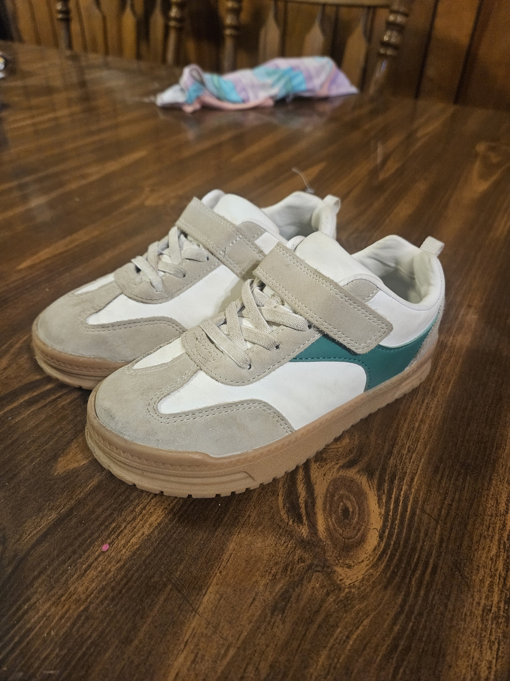 Kids Casual Sneakers in White, Tan & Teal - Velcro Comfort